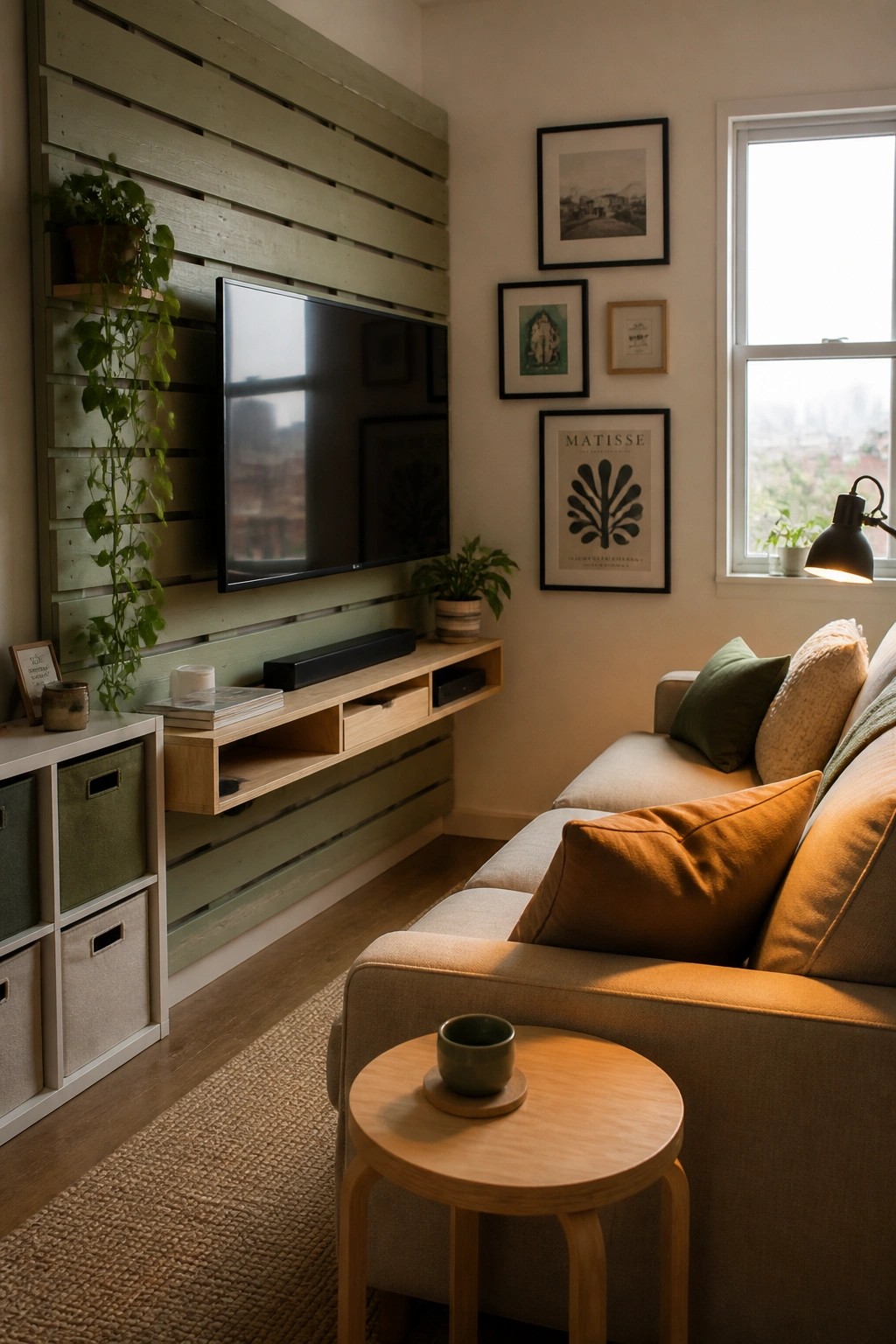 A living room featuring a TV mounted on a green painted pallet wood accent wall above a floating light wood media console, with a beige sofa and round wooden side table in the foreground.