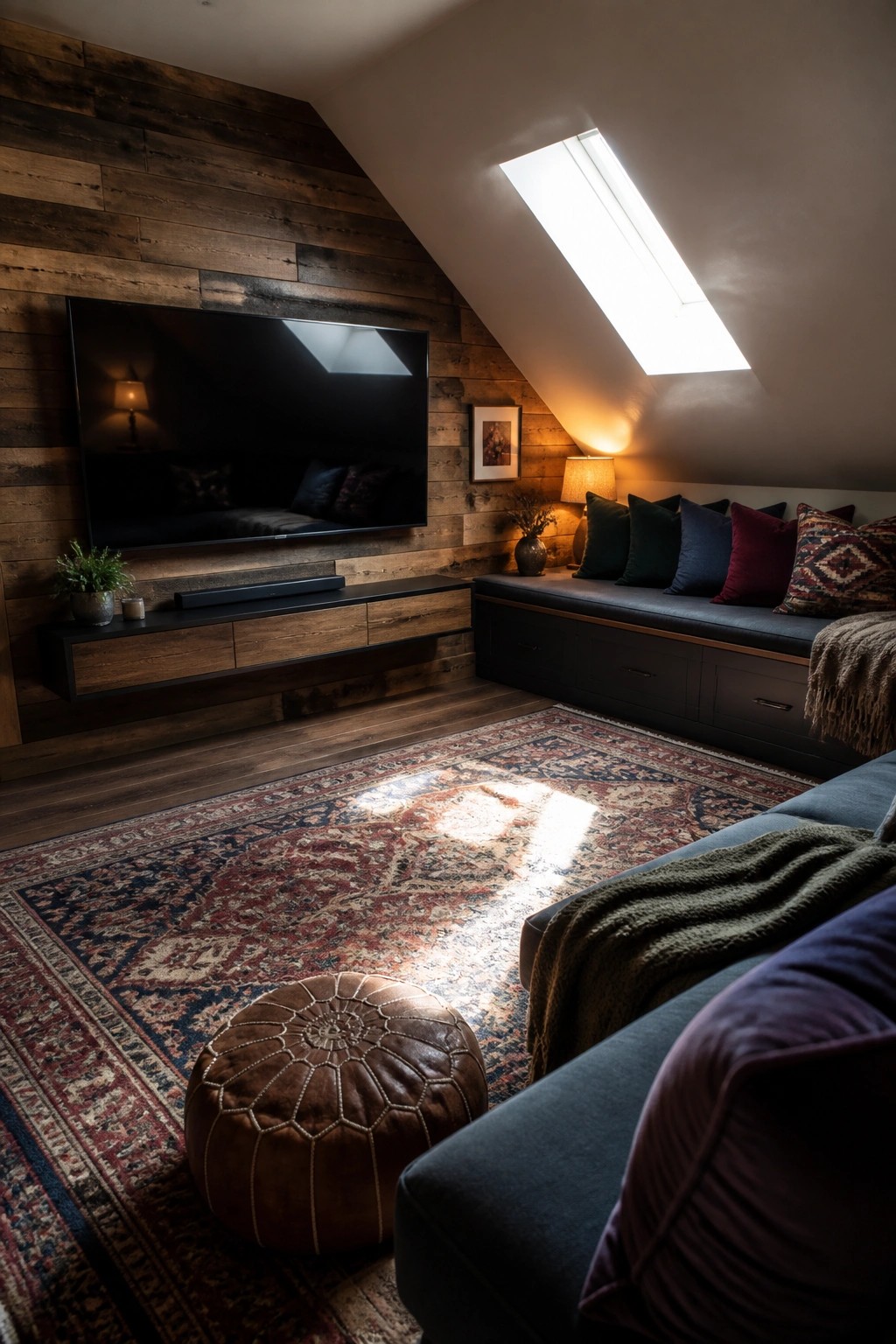 Cozy attic lounge with wood walls, mounted TV, skylight, patterned rug, and blue sofa