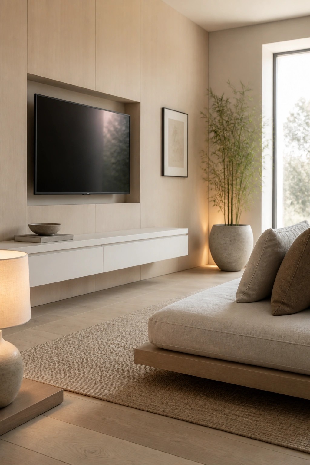 Minimalist living room with wall-mounted TV, white console, beige sofa, and potted plant.