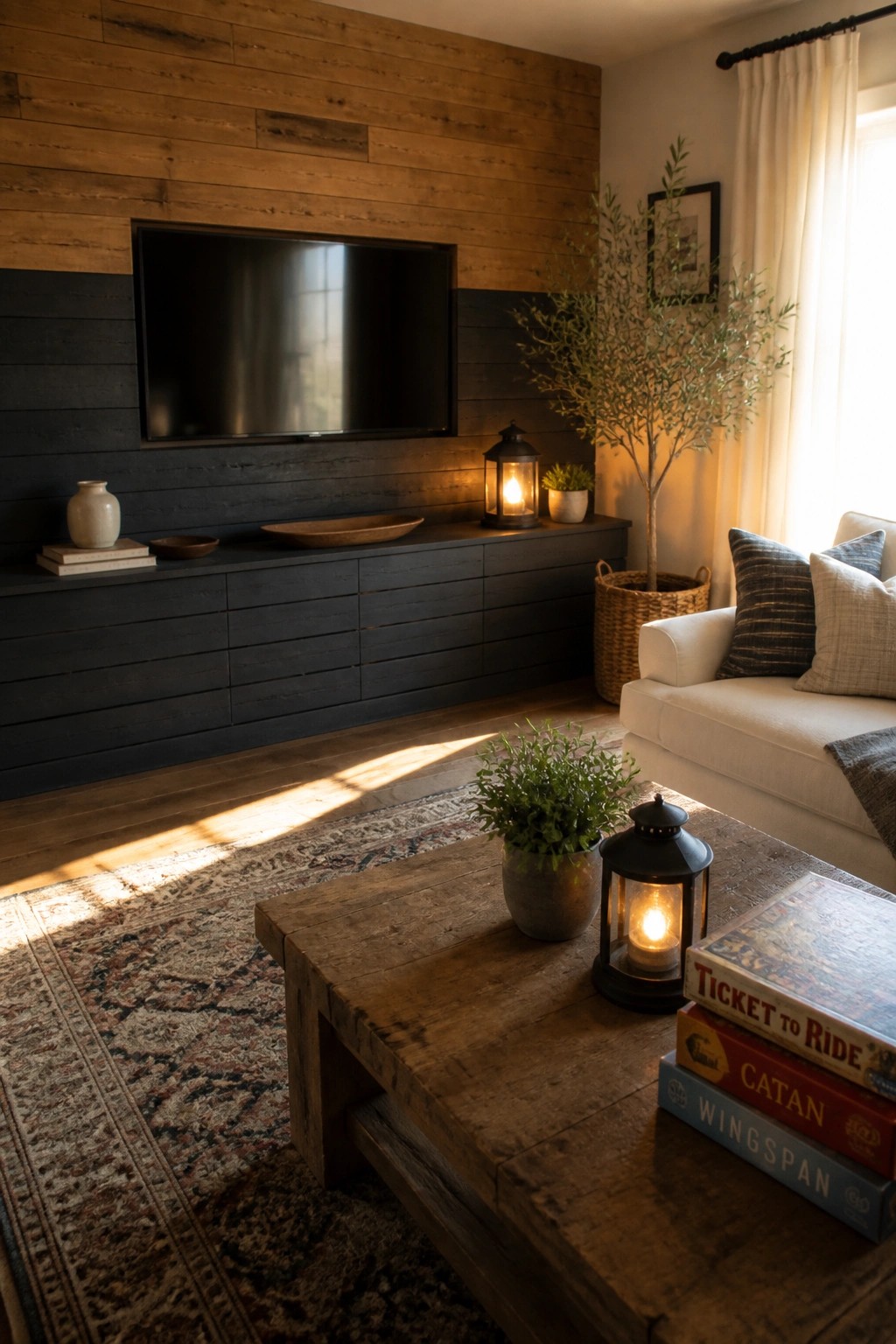 A living room featuring a flat screen TV mounted on a mixed wood accent wall above a long dark media console, with a rustic coffee table and white sofa nearby.