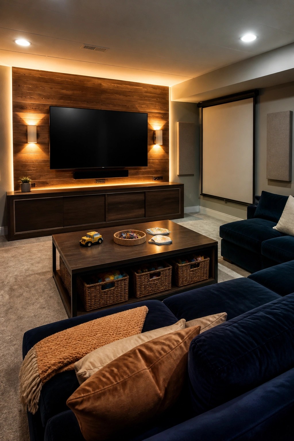 A living room featuring a large flat-screen TV mounted on a backlit wood-paneled wall above a long dark media console, with a coffee table and blue sectional sofa in the foreground.