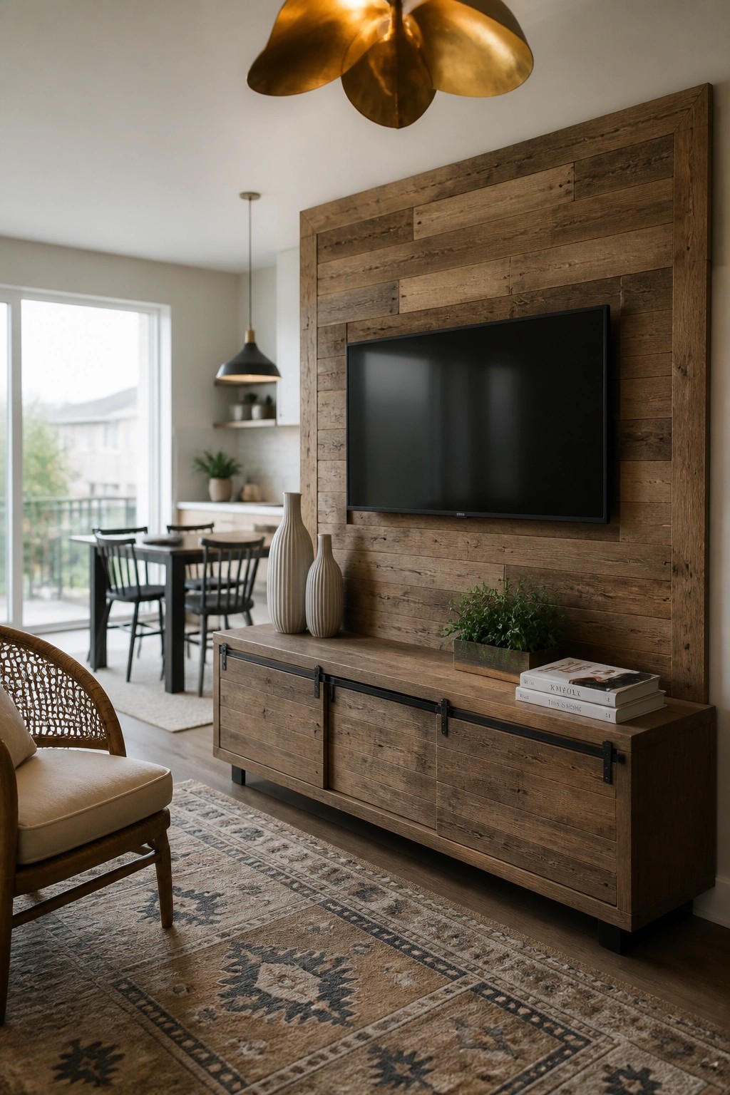 A living room with a large wood accent wall holding a mounted flat screen television above a long wooden media console with black sliding doors.