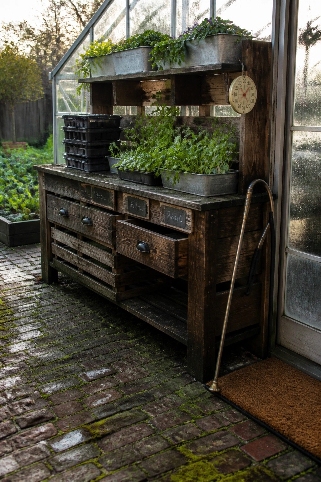 A rustic wooden potting bench made from pallets stands outside a greenhouse, with labeled drawers, metal plant trays, and stacked seed trays on top.