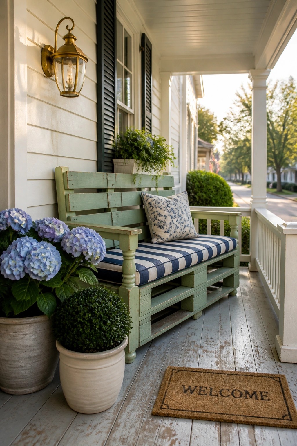 A green painted pallet bench with a blue and white striped cushion sits on a white wooden porch beside potted hydrangeas and a welcome mat.
