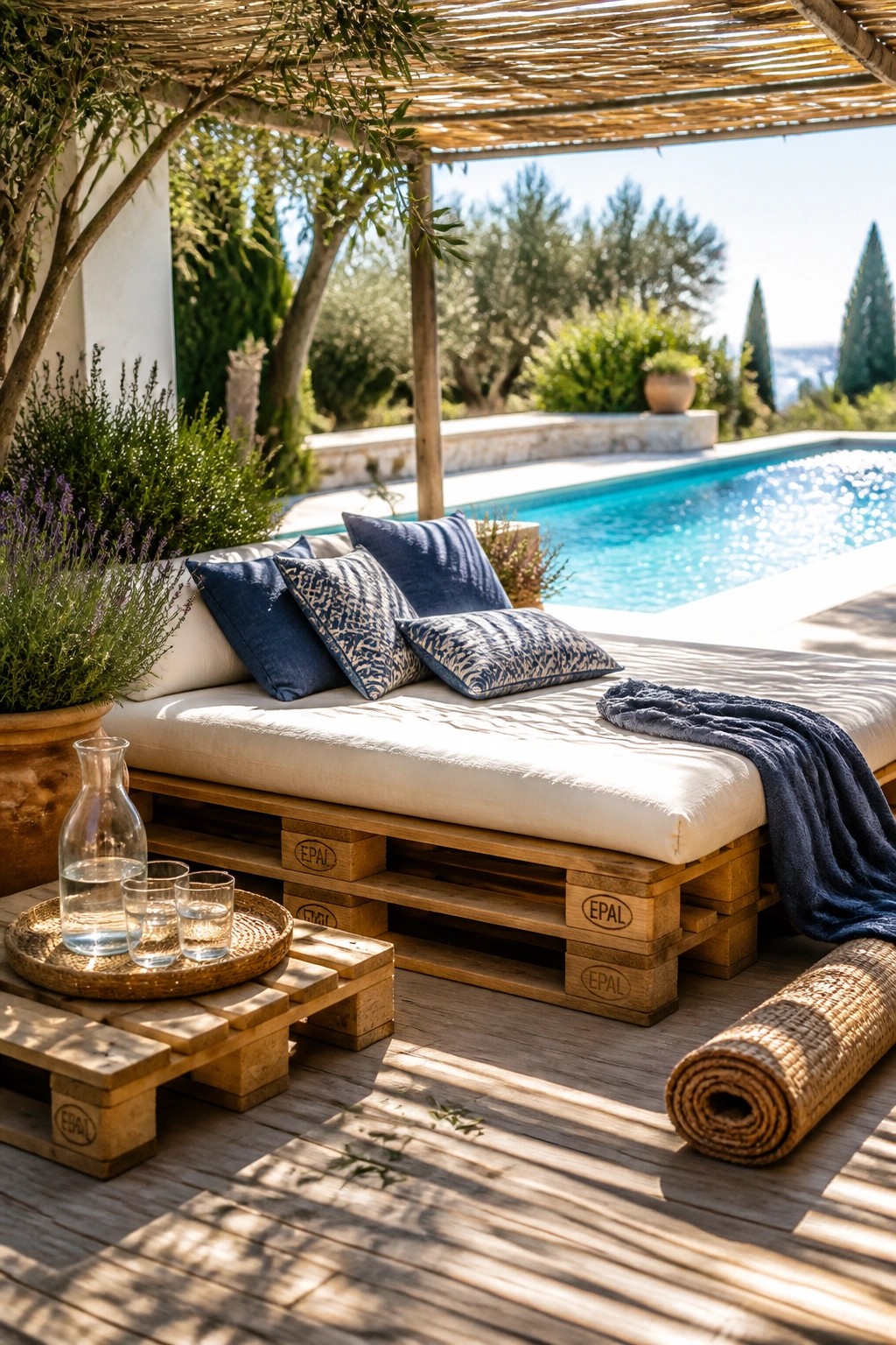 A daybed made from stacked wooden pallets with white cushions and blue pillows sits on a wooden deck next to a swimming pool.