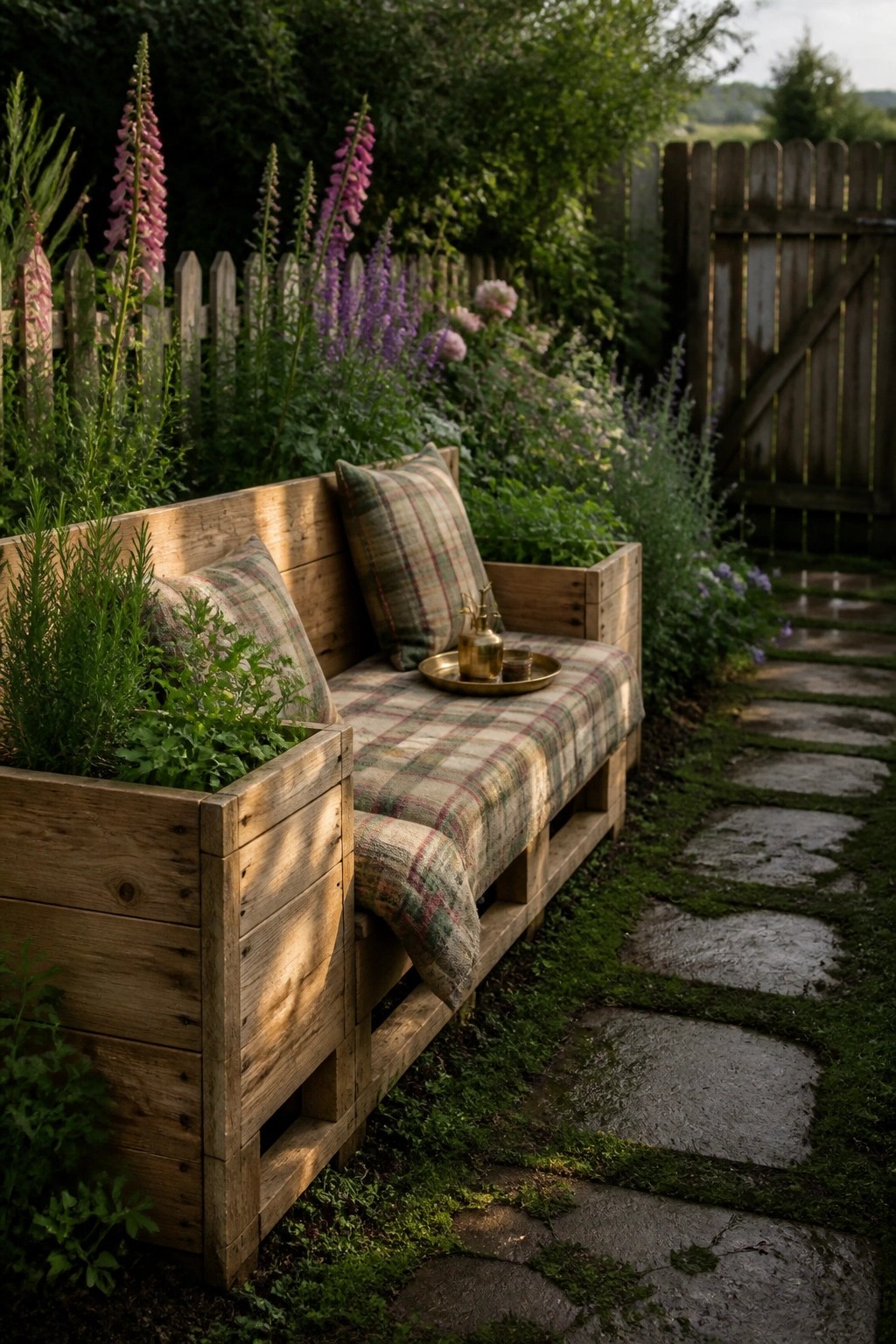 A wooden pallet bench with plaid fabric and a built-in planter box at one end sits in a garden next to a stone path.