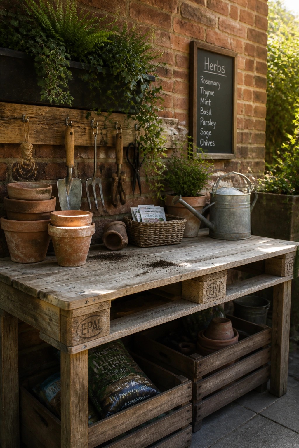 A wooden pallet table used as an outdoor potting bench with stacked terracotta pots, gardening tools, a watering can, and a chalkboard herb sign against a brick wall.