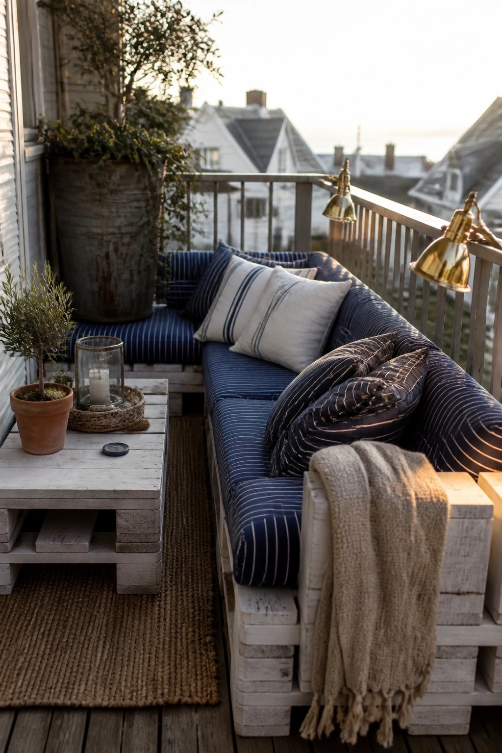 A white pallet corner sectional sofa with blue striped cushions sits on a wooden balcony deck beside a matching pallet table, brass lamps, and potted plants.
