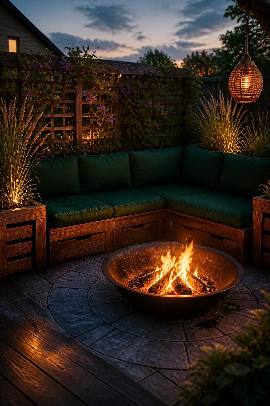 A round fire pit with burning logs sits on a stone patio, surrounded by L-shaped wooden bench seating with green cushions and a wooden fence with string lights in the background.