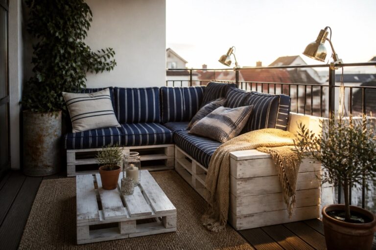 19 Practical DIY Pallet Outdoor Furniture Ideas You Can Build With Simple Tools A white pallet corner sectional sofa with blue striped cushions sits on a wooden balcony deck beside a matching pallet table, brass lamps, and potted plants.