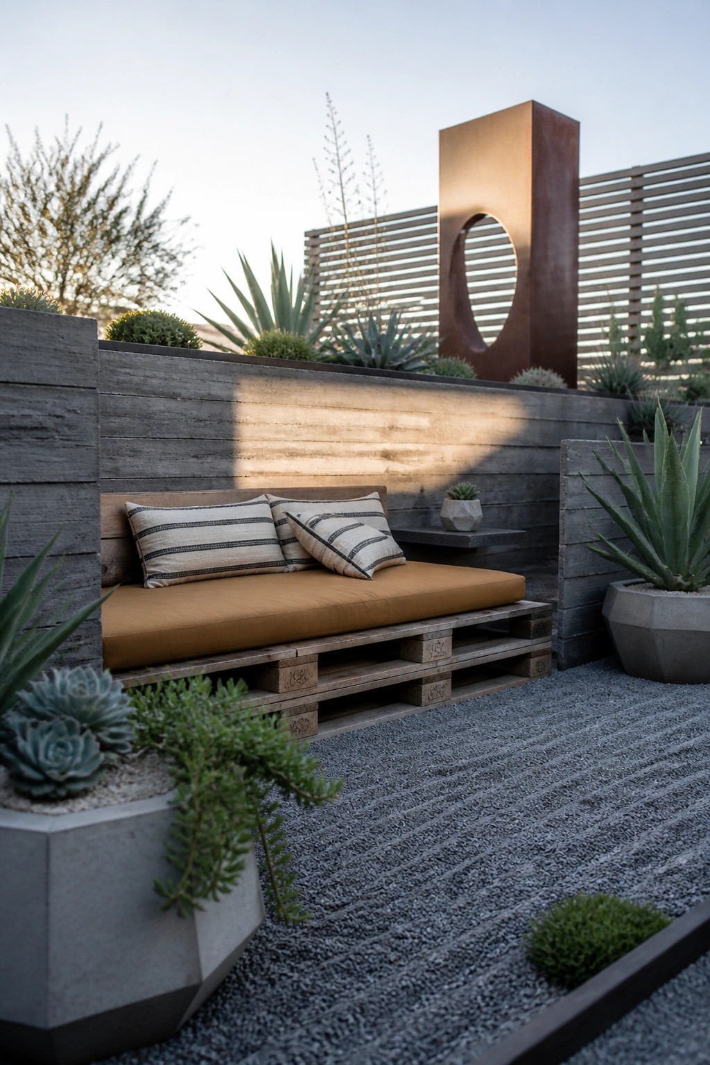 A pallet bench with a mustard cushion and striped pillows sits against a wooden wall on a gravel patio surrounded by plants.