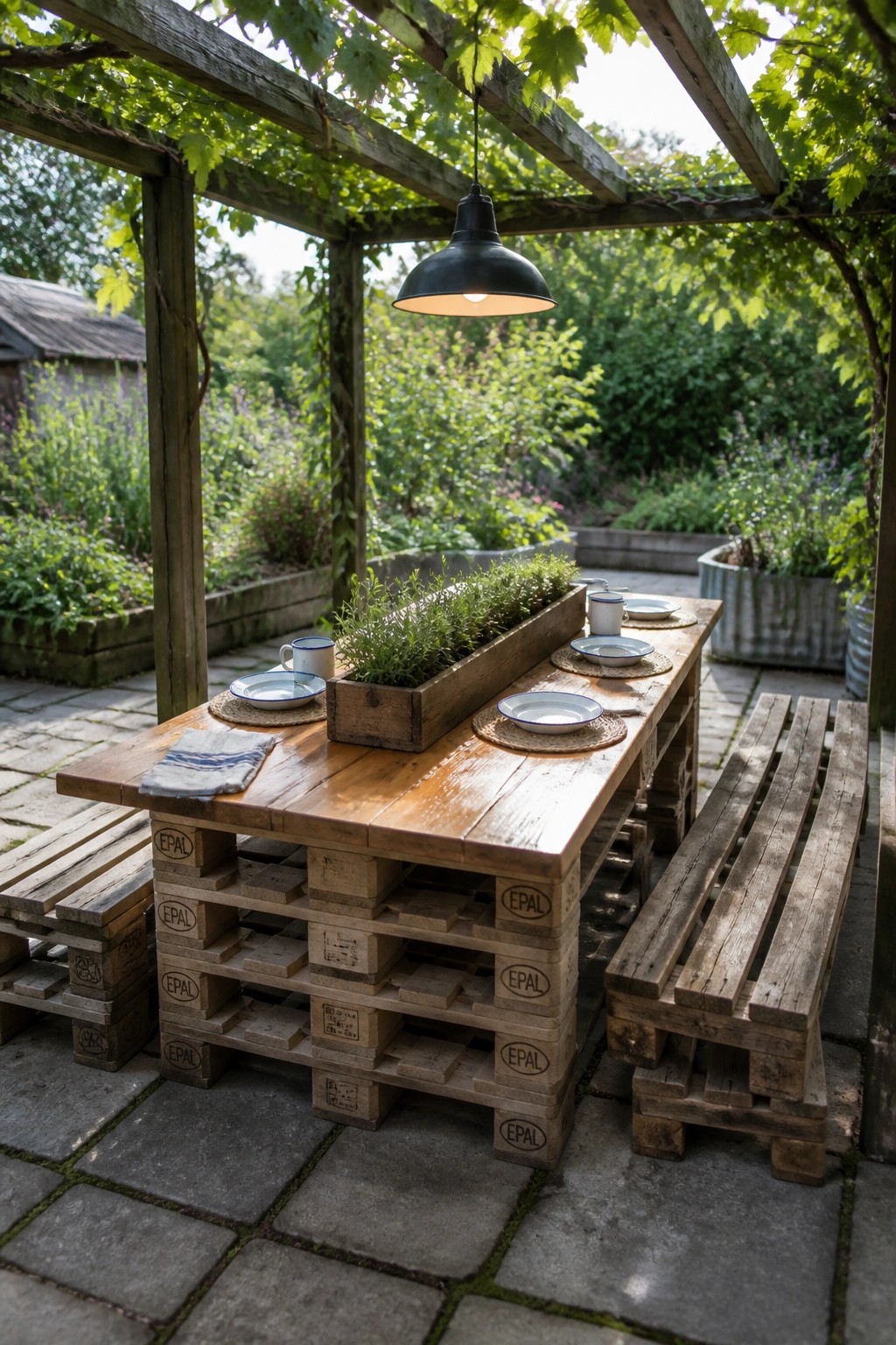 A long wooden dining table and two benches made from stacked pallets sit under a pergola in a garden, set with plates and a hanging light.