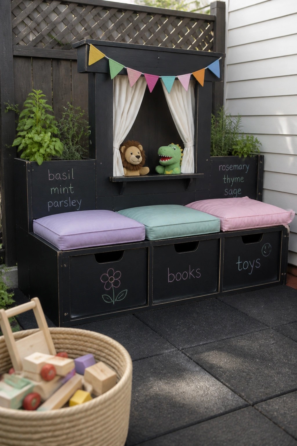 A black painted wooden outdoor bench with three seat cushions, chalkboard-labeled storage drawers, herb planters on both sides, and a small curtained stage area holding two stuffed animals.