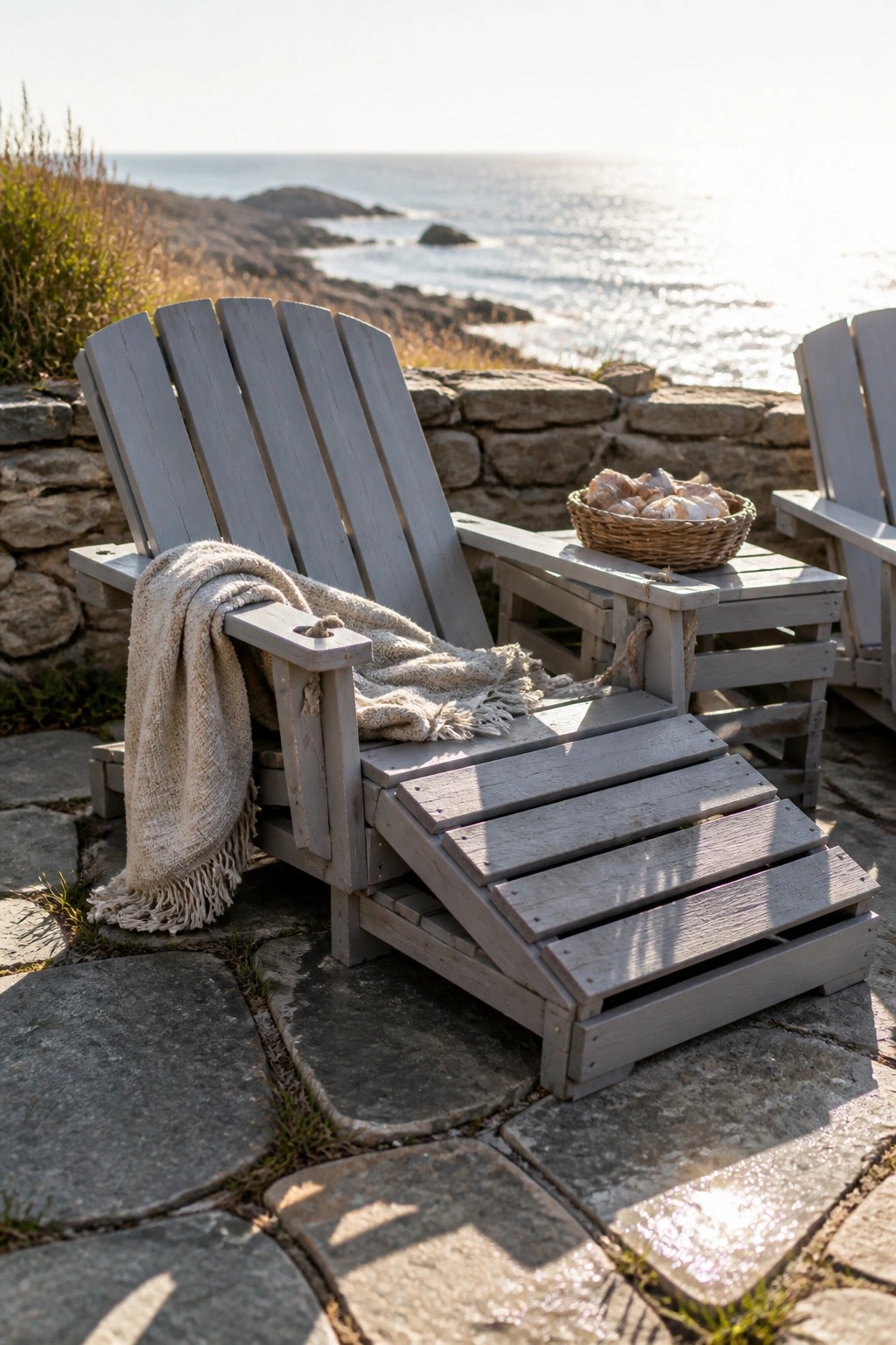 Two gray wooden Adirondack chairs made from pallets sit on a stone patio beside the ocean, one with a woven blanket and a basket on the attached table.