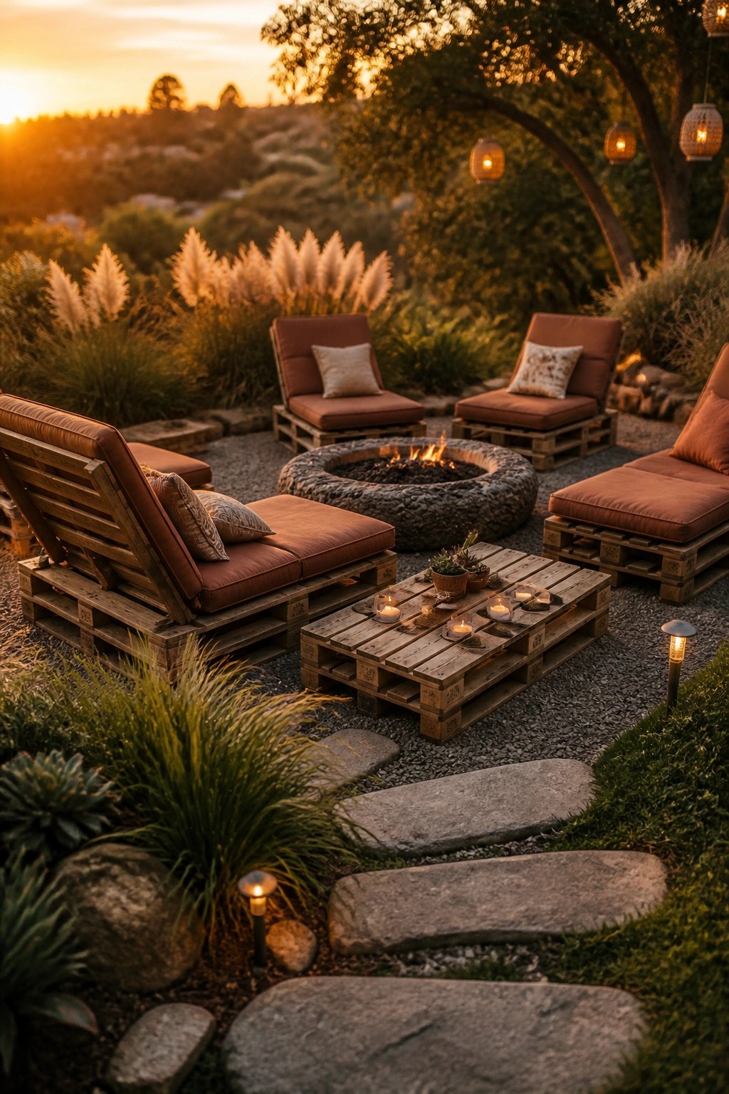 Outdoor seating area made from wooden pallets with rust-colored cushions arranged around a stone fire pit on gravel, with string lights and garden plants nearby.