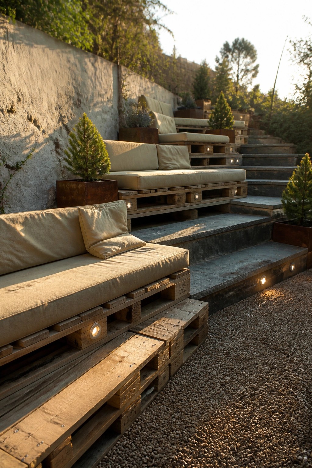 Wooden pallet sofas with beige cushions placed along stone steps, with small lights and potted plants.