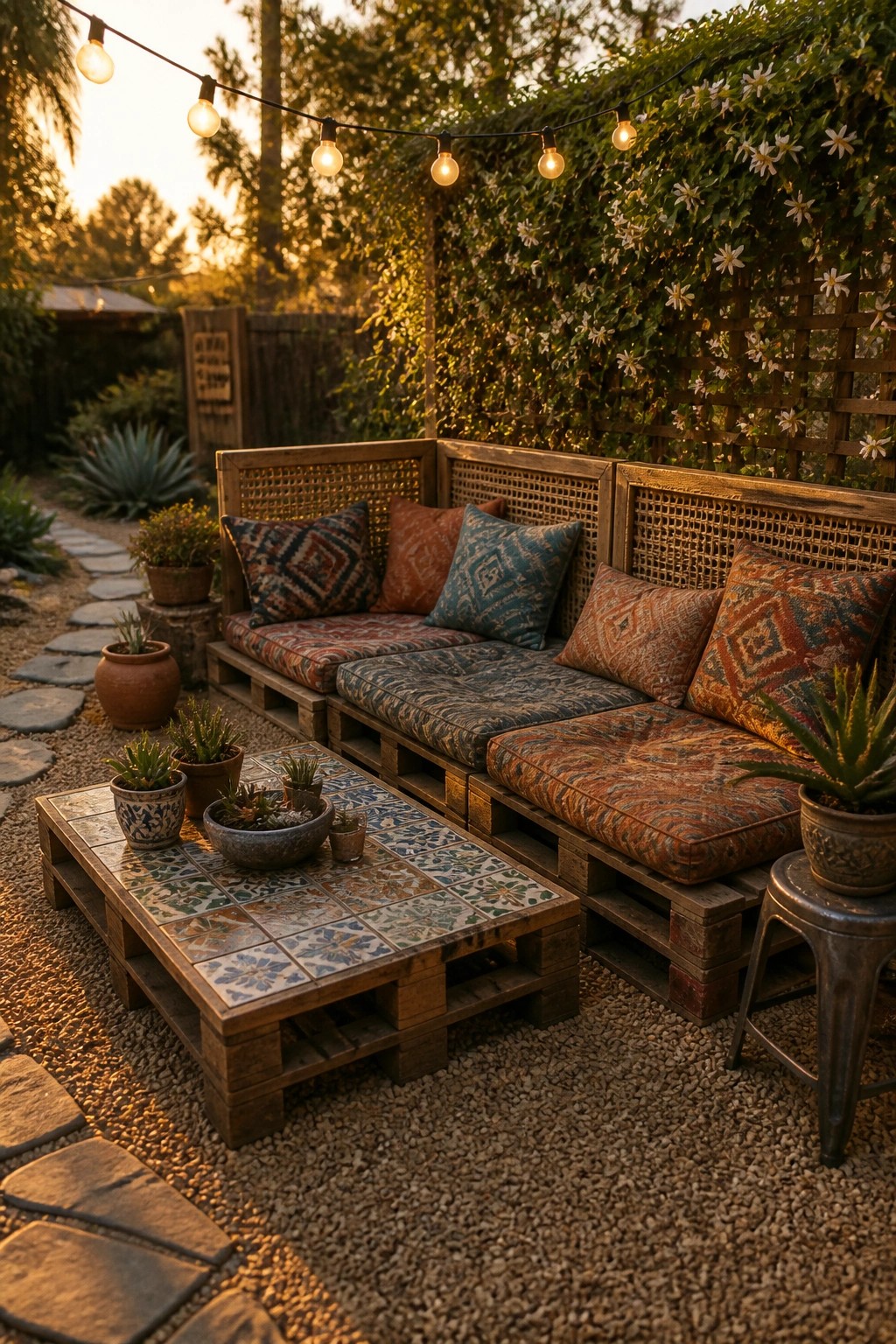 A corner sectional sofa and coffee table made from wooden pallets with cushions, set on gravel near a vine-covered trellis.
