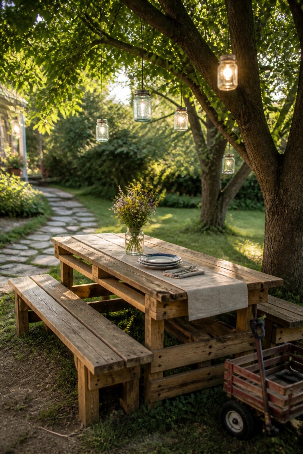 A rustic wooden pallet table with benches sits on grass under a large tree, set with plates, a flower jar, and hanging mason jar lights.