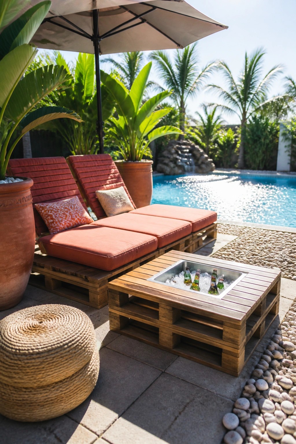 Wooden pallet lounge chairs with orange cushions and a matching pallet table with a metal ice insert sit on a stone patio beside a swimming pool.
