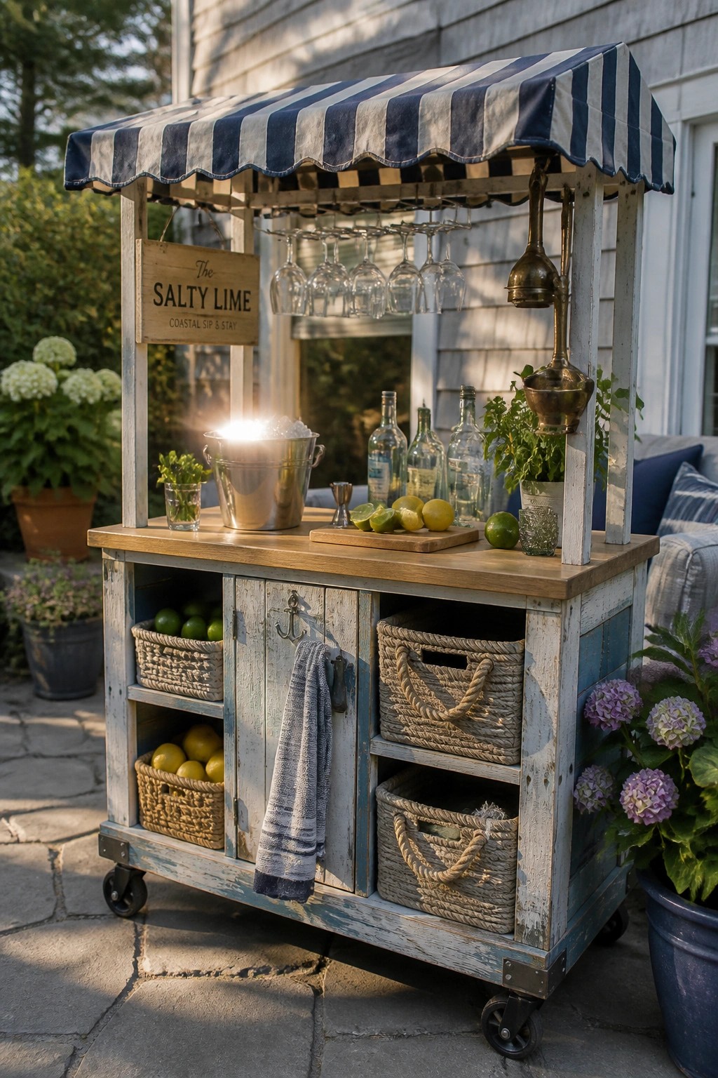 A wooden rolling outdoor bar cart with a blue and white striped awning, hanging wine glasses, an ice bucket, and woven storage baskets on a stone patio.