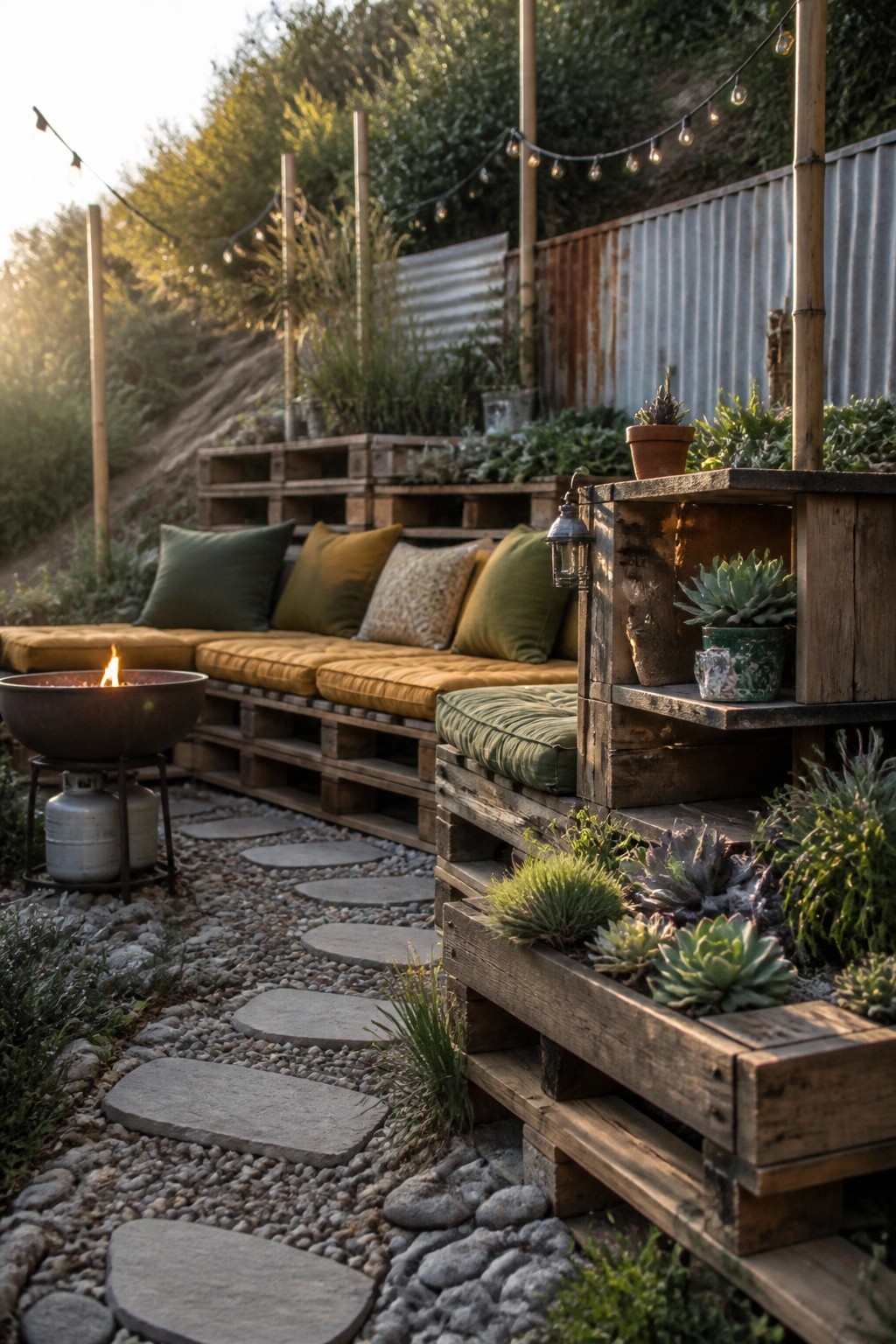 A backyard seating area made from stacked wooden pallets with yellow and green cushions, a metal fire pit nearby, and potted succulents on built-in shelves.