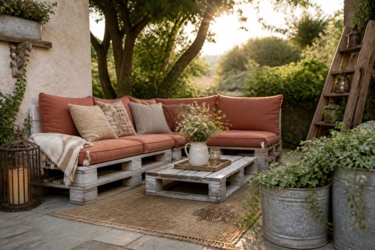 A corner seating area made from wooden pallets with rust-colored cushions, a small pallet coffee table holding a vase of flowers, and metal planters on a woven rug.