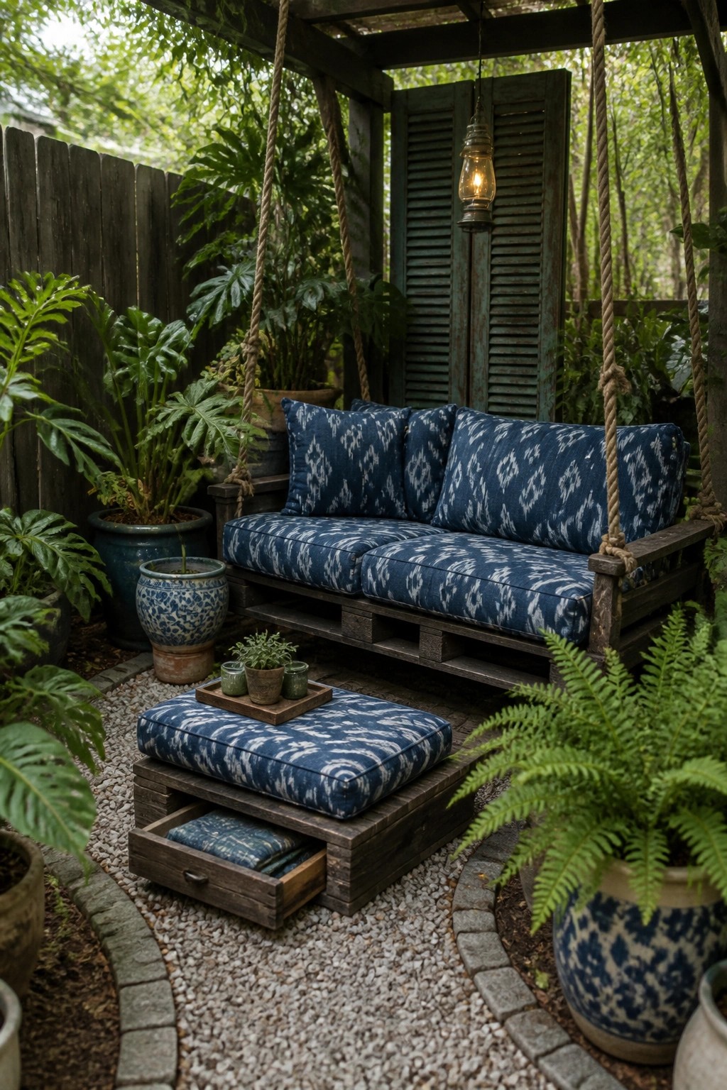 A wooden pallet sofa with blue patterned cushions hangs from thick ropes beneath a pergola, next to a matching pallet ottoman with a drawer, surrounded by potted plants on a gravel surface.