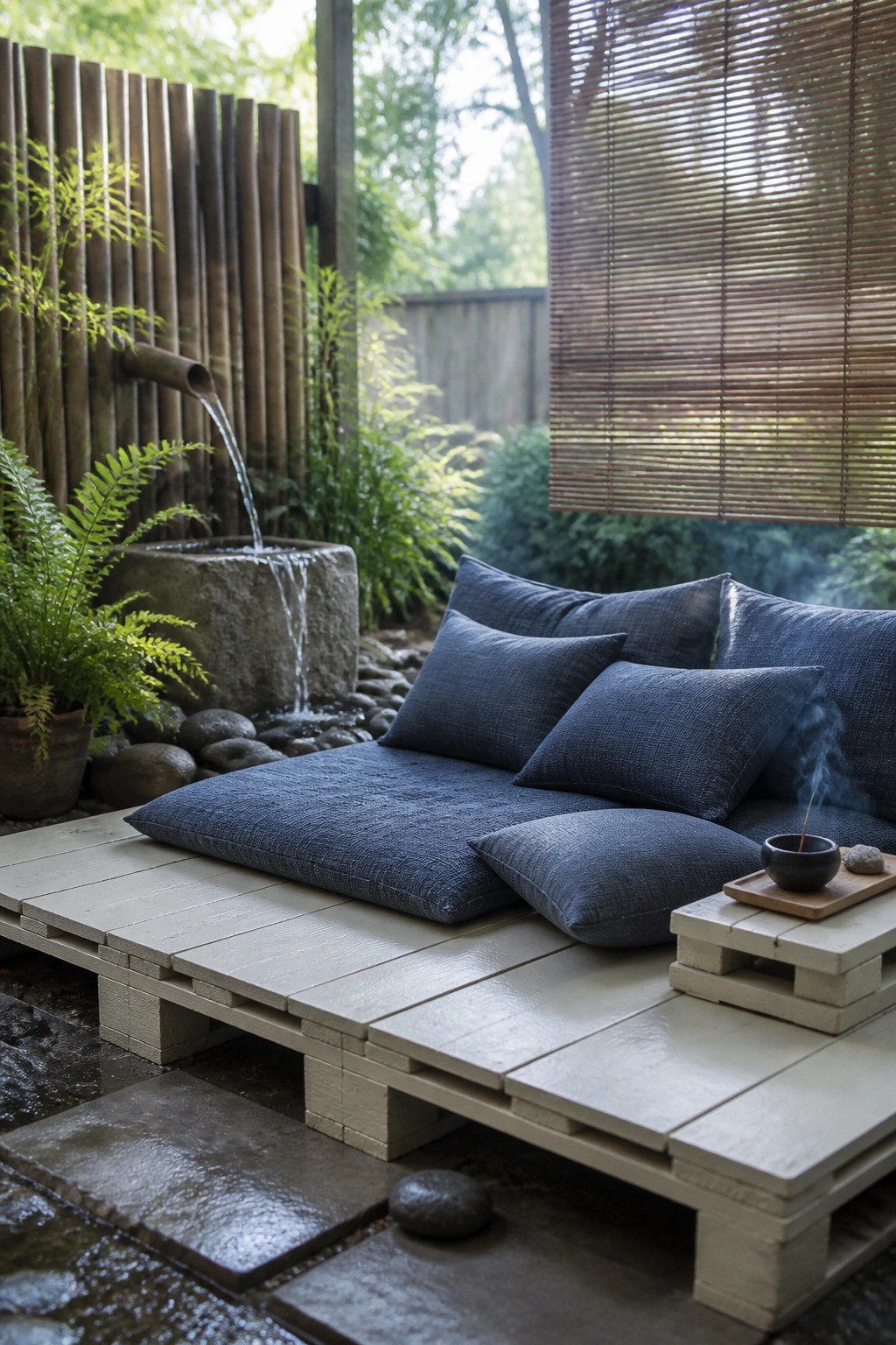 A low wooden pallet platform with blue cushions forms an outdoor seating area beside a stone water feature and bamboo blinds.