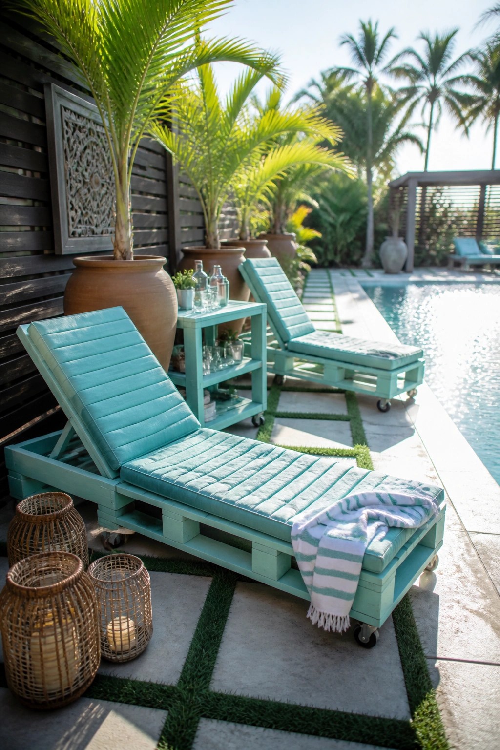 Two turquoise painted pallet lounge chairs with cushions sit on a stone patio beside a swimming pool, with potted palms and woven lanterns nearby.