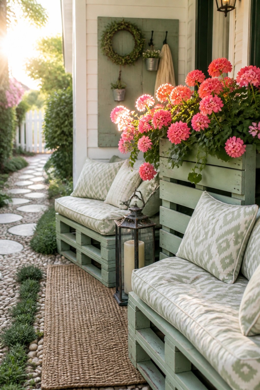 A front porch with green painted pallet benches featuring patterned cushions, a woven rug on a gravel path, and pink flowers in a matching pallet planter box.