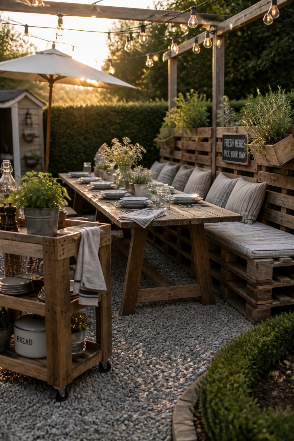 An outdoor dining setup with a long wooden table and benches built from wooden pallets, cushioned seating on one side, string lights overhead, and gravel ground.