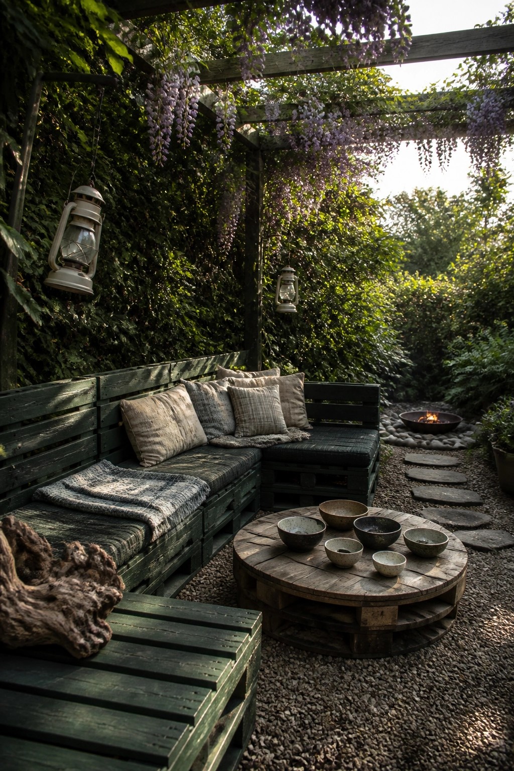 An outdoor seating area built from green painted pallets forming an L-shaped bench with cushions, a round pallet coffee table in front, hanging lanterns, and a fire pit visible in the background under a wooden pergola.