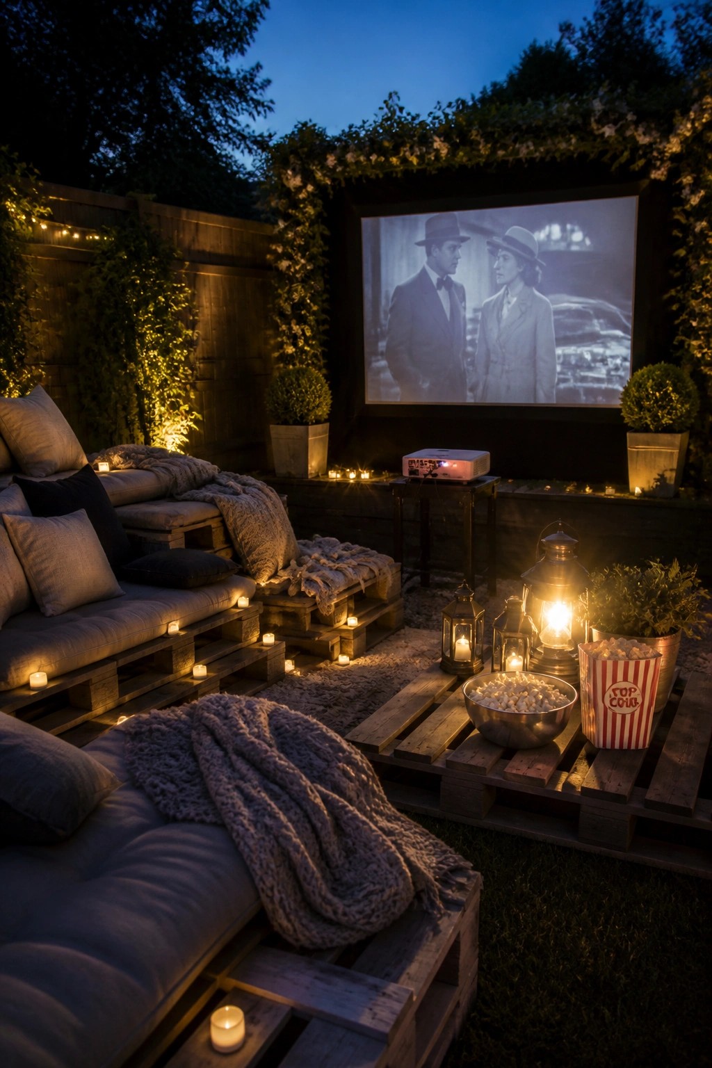 An outdoor backyard at dusk with pallet-built sofas and platforms arranged around a projector screen, popcorn, and lanterns.