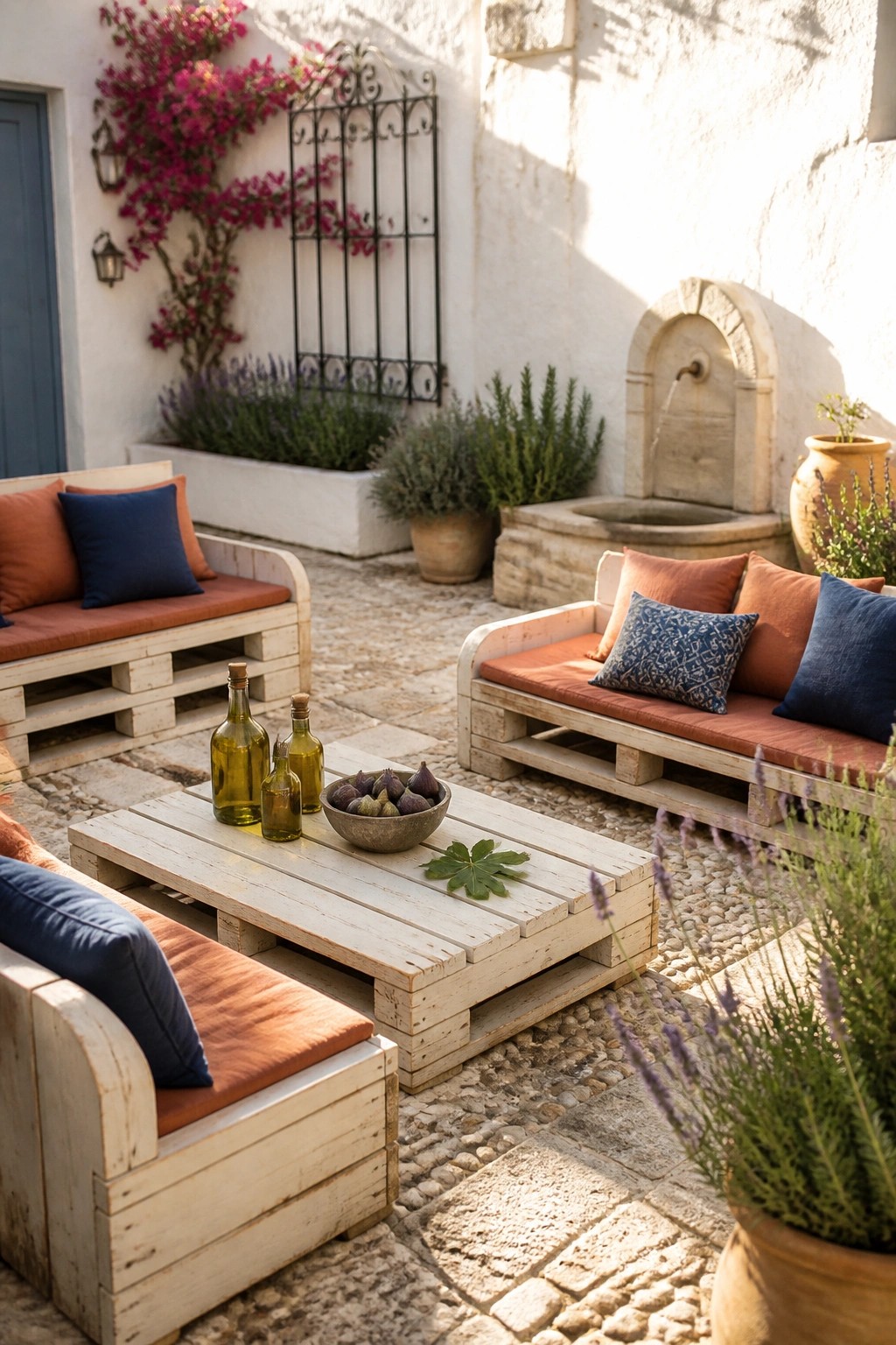 A courtyard patio with several whitewashed pallet wood sofas and a low pallet coffee table arranged on stone paving, surrounded by potted plants and a small fountain.