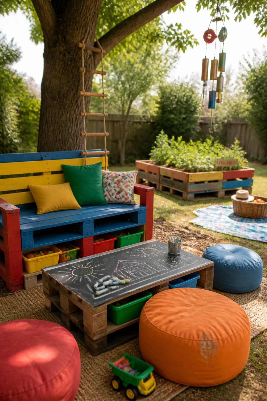 A backyard with a colorful painted pallet bench holding pillows, a low pallet table with a chalkboard top, storage bins, and round floor cushions arranged on a woven rug.