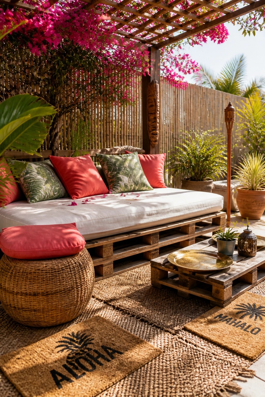 A wooden pallet daybed with white cushion and red pillows sits on a patio under a pergola with pink flowers, next to a woven pouf and small pallet table.