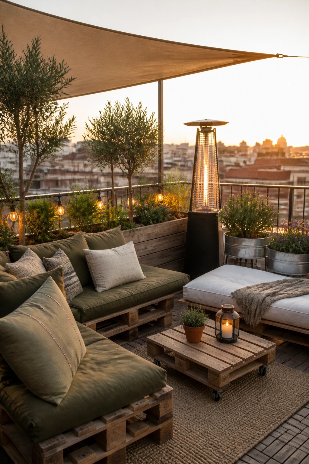 A rooftop terrace furnished with pallet sofas topped with green cushions, a low pallet coffee table holding a lantern, a tall patio heater, and several potted plants against a city skyline at dusk.