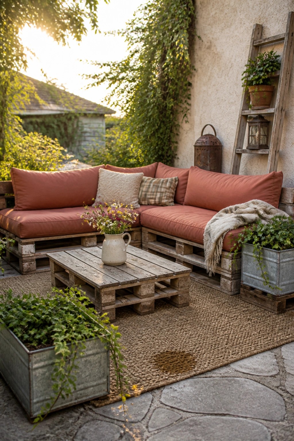 A corner seating area made from wooden pallets with rust-colored cushions, a small pallet coffee table holding a vase of flowers, and metal planters on a woven rug.
