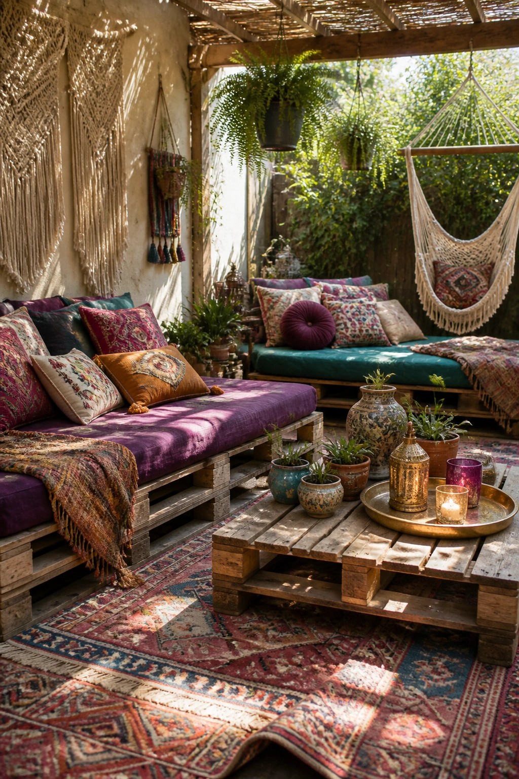 Bohemian patio with pallet sofas, colorful cushions, macrame hangings, and hammock