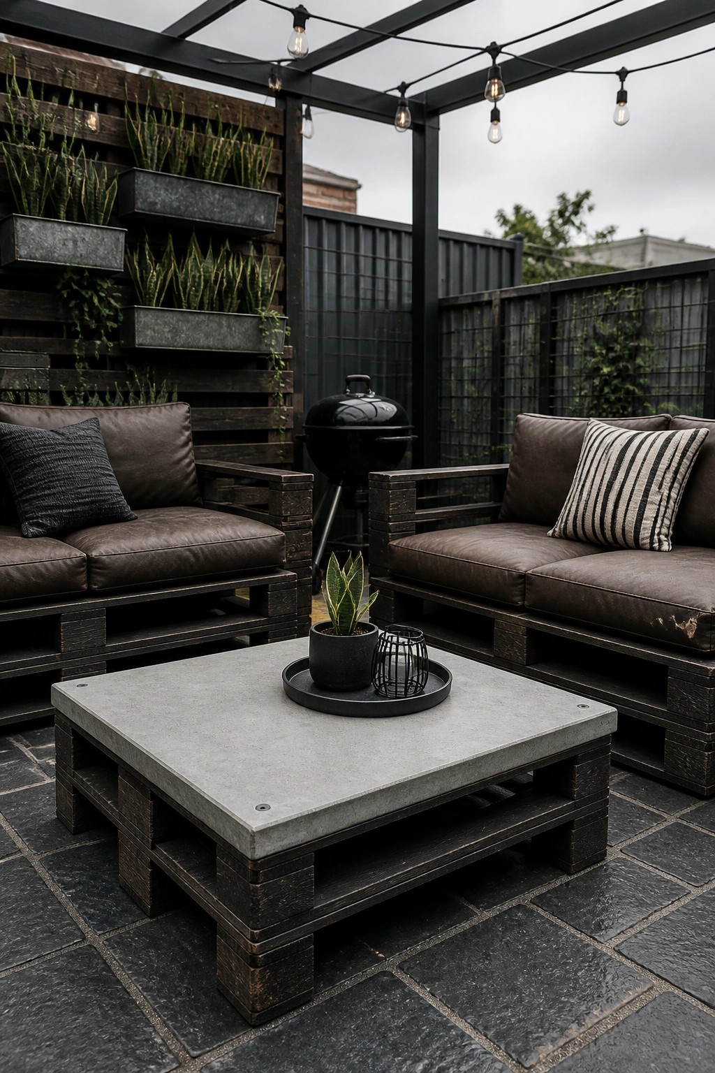 Outdoor patio with two dark brown pallet sofas, a pallet coffee table topped with concrete, a black grill, string lights overhead, and a vertical plant wall in the background.