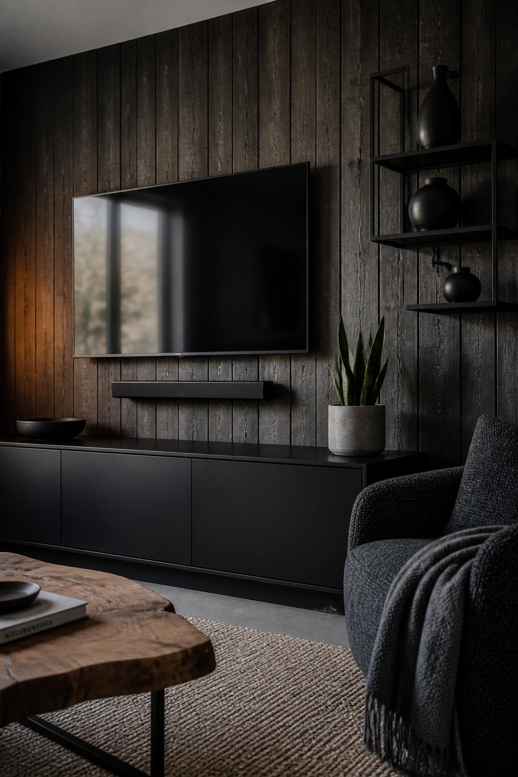 A living room with a large black TV mounted on a dark vertical wood paneled wall above a long black media console, with a potted snake plant and black wall shelves holding vases to the right.