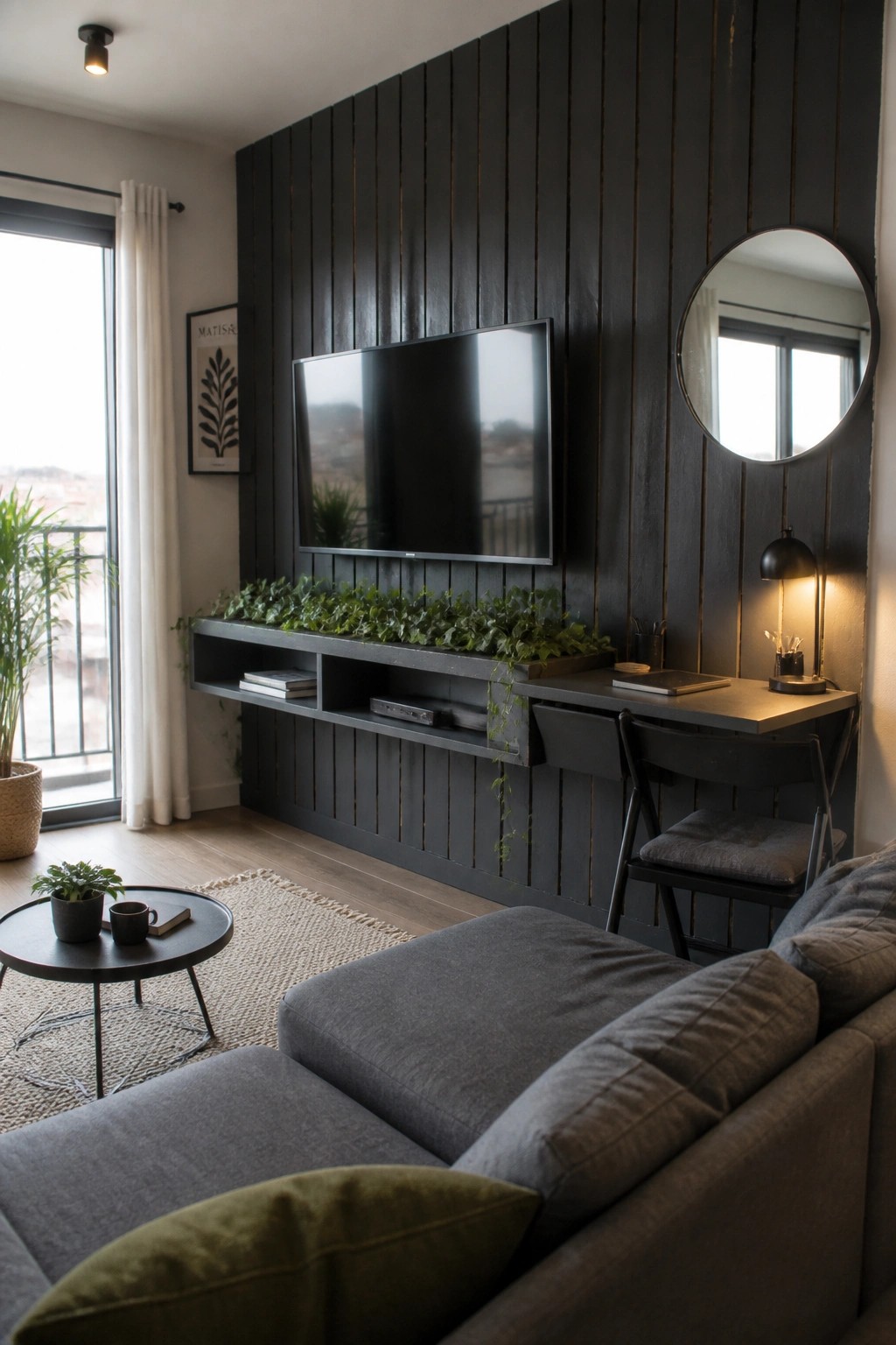 A modern living room with a dark vertical wood plank accent wall, wall-mounted TV, floating console shelf with plants, and gray sectional sofa in the foreground.