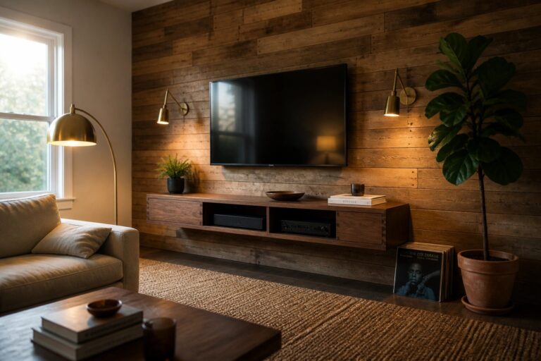 22 Stylish Pallet Wall Ideas for Accent Walls, TV Walls, and Bedroom Backdrops A living room featuring a TV mounted on a horizontal reclaimed wood plank accent wall above a low wooden media console.