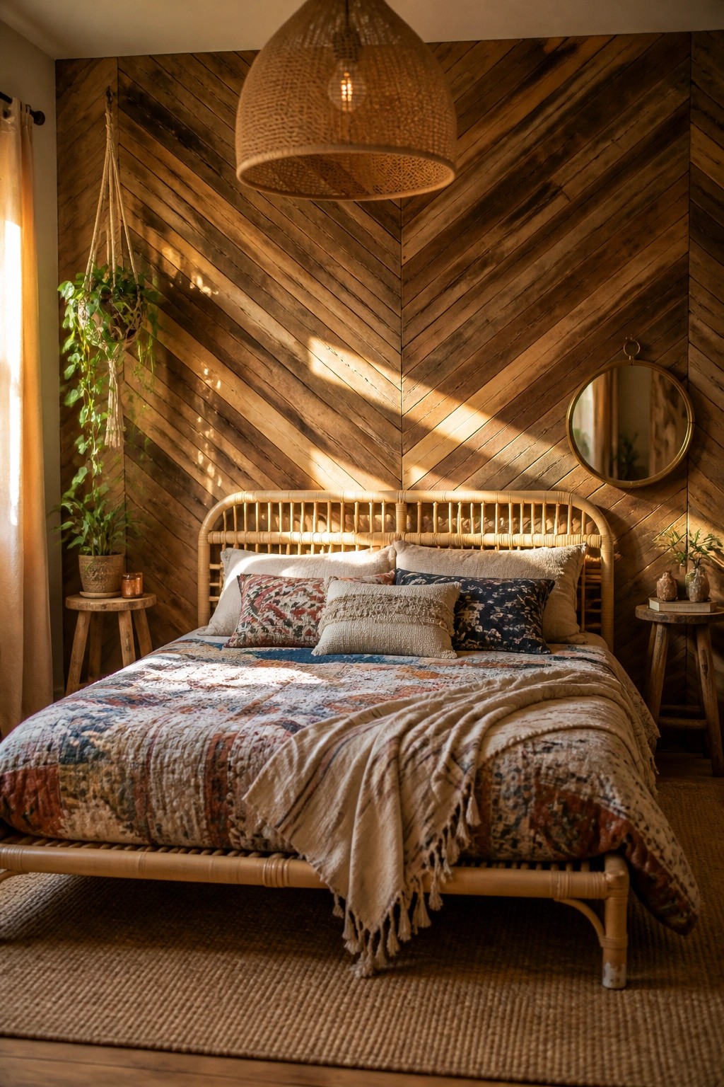 Cozy bohemian bedroom with rattan bed, patchwork quilt, and wooden herringbone wall