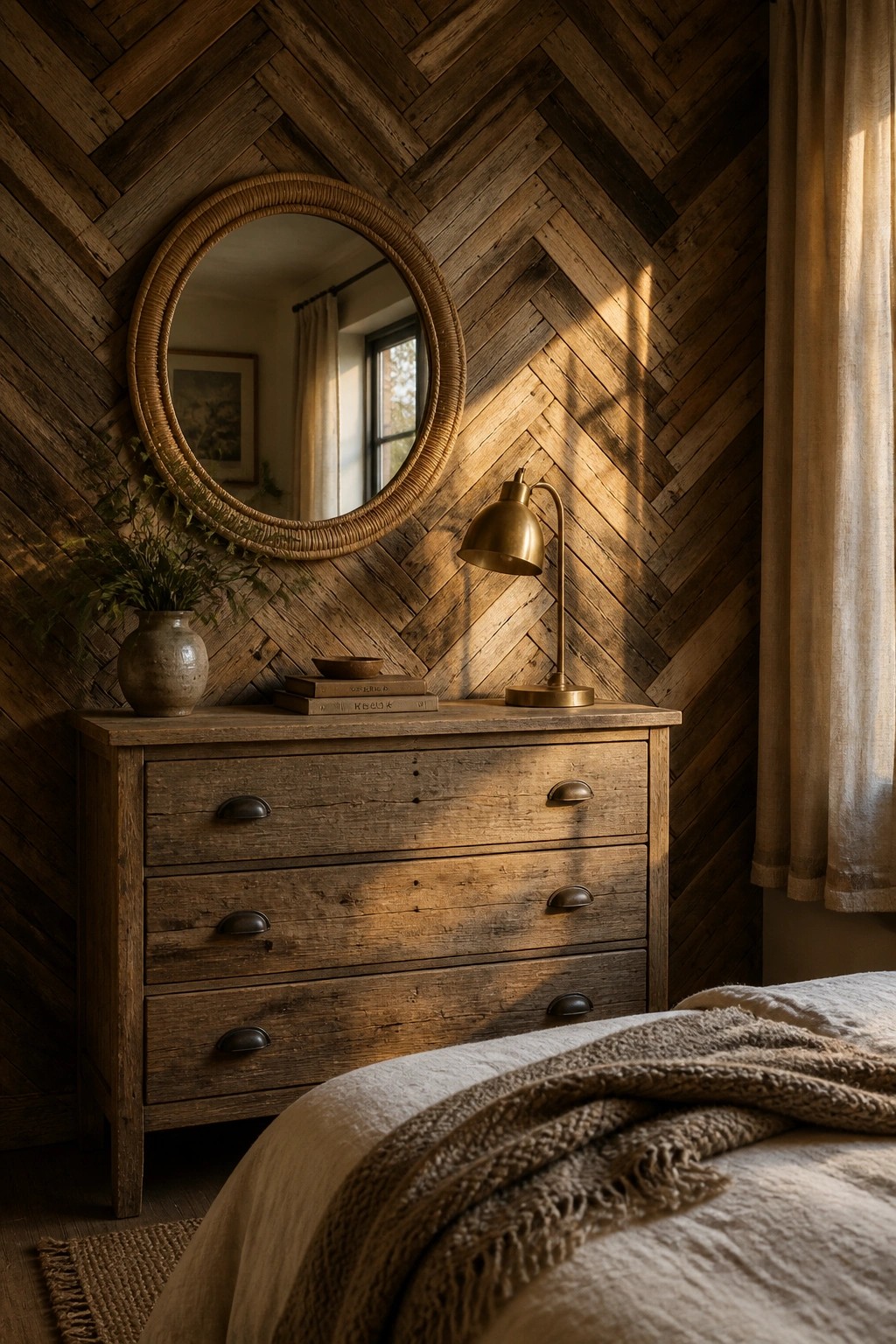A bedroom with a herringbone wood accent wall, a rustic wooden dresser, round mirror, and brass lamp.