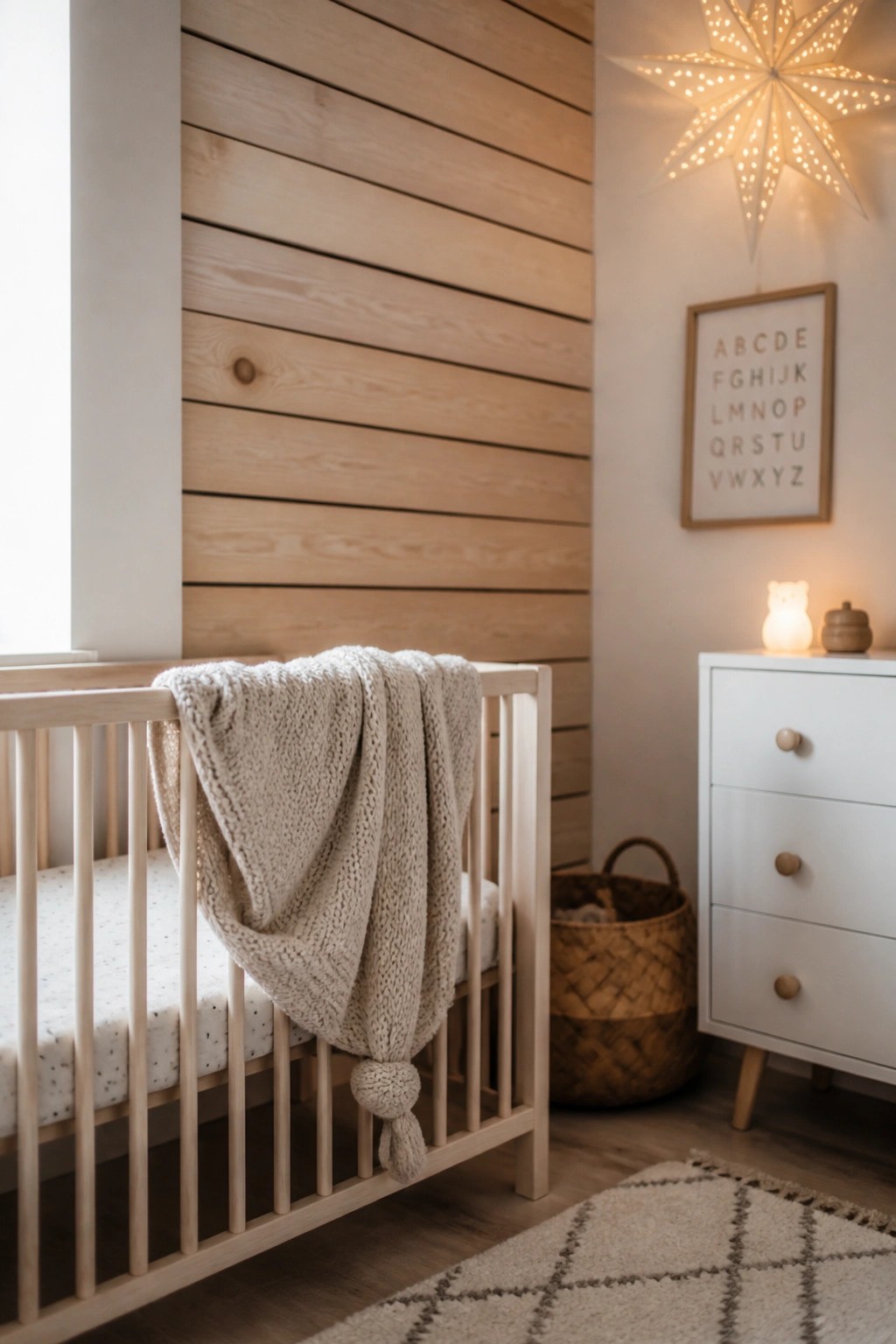 A light wood crib with a chunky knit blanket stands against a wall of horizontal wood planks in a nursery, with a star-shaped light and alphabet print on the adjacent wall.
