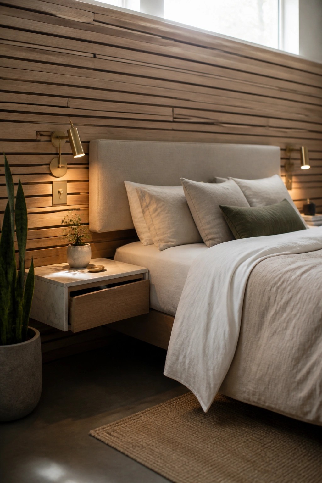 A bedroom with a bed against a wall of horizontal wooden slats, flanked by wall sconces and a floating marble-top nightstand with a small plant.