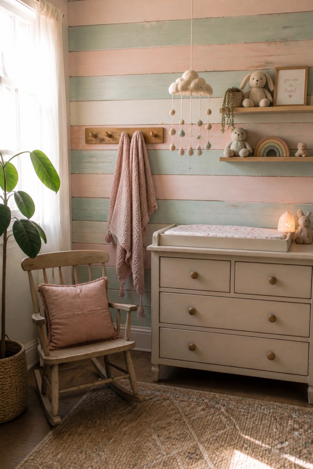 A nursery with a horizontal wood plank accent wall painted in soft pastel stripes of pink, mint green, and white, featuring a wooden rocking chair and white dresser.