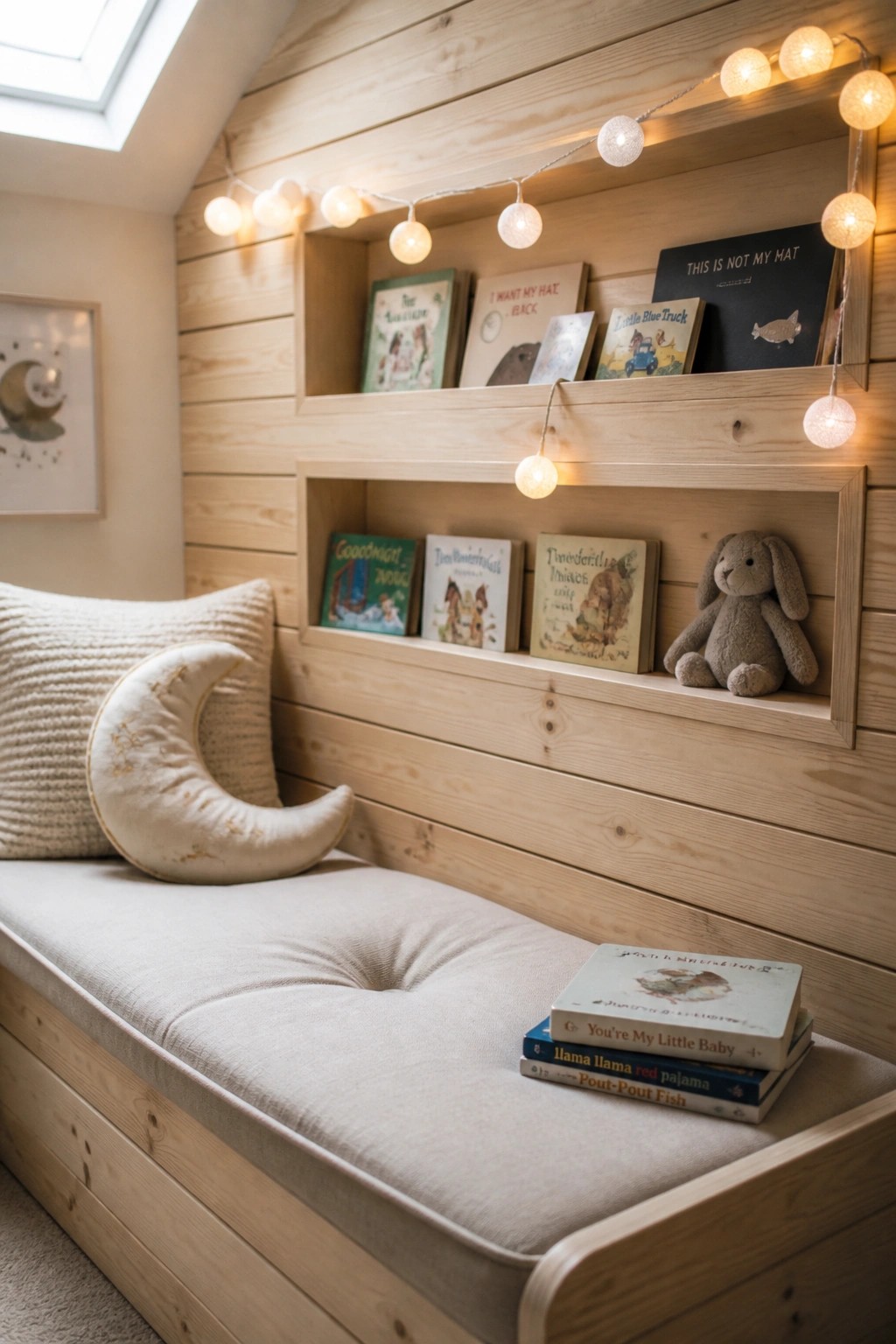 A light wood plank accent wall with two recessed shelves holding children's books and a stuffed rabbit, string lights along the edges, and a cushioned bench below with pillows and stacked books.