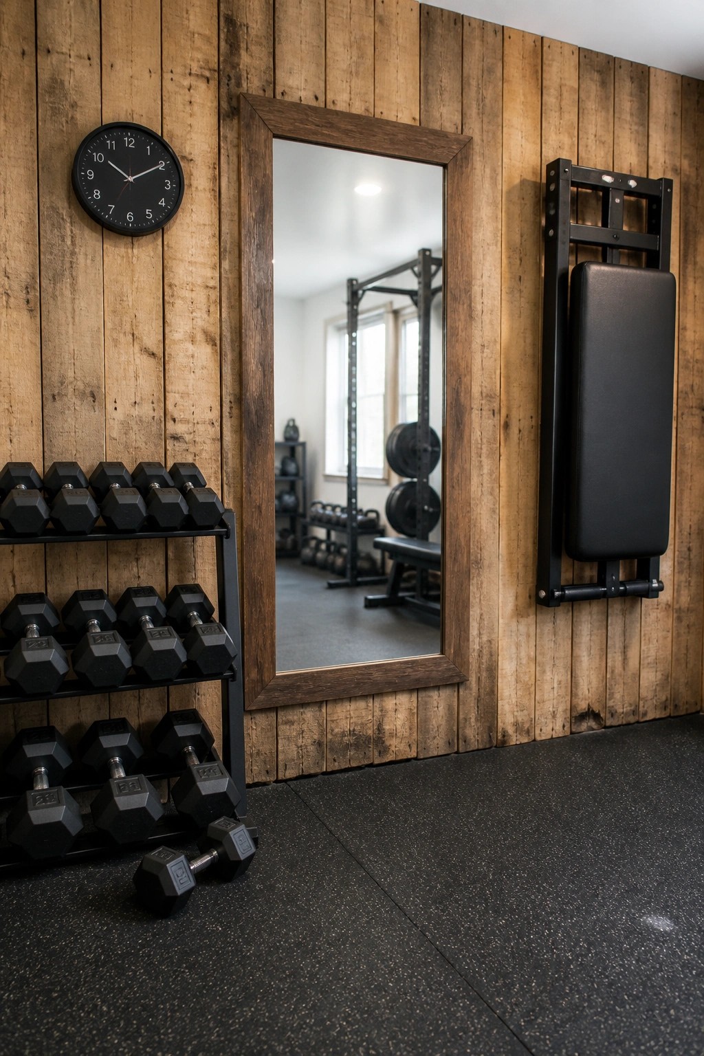 An interior view of a home gym with a large reclaimed wood plank accent wall, a framed mirror, dumbbell storage racks, and a fold-down bench.